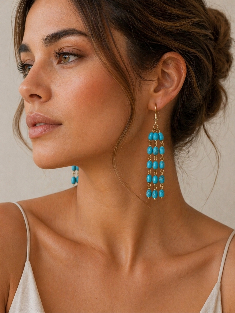 Plunder Designs turquoise beaded triple-chain dangle earrings